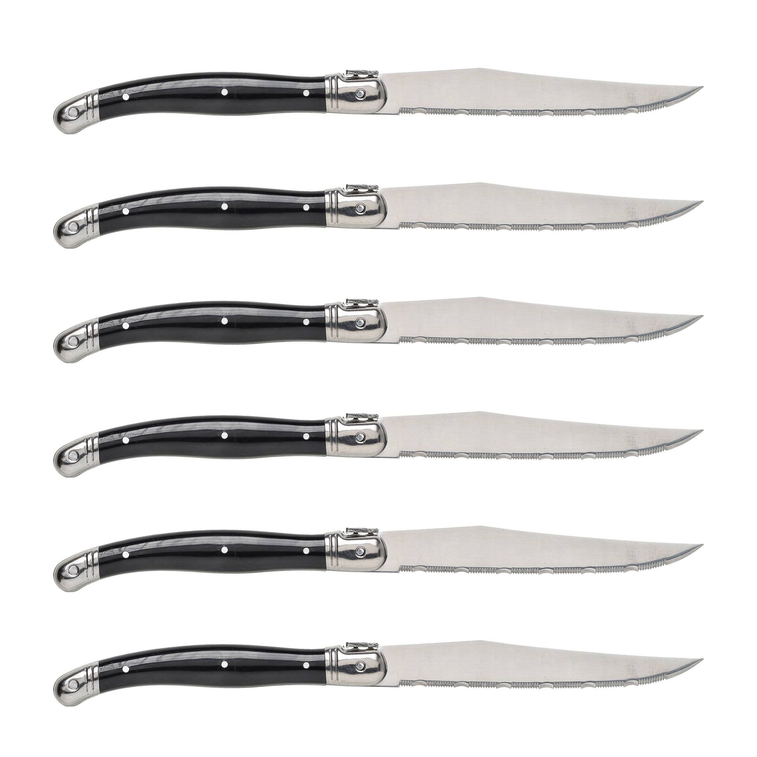 Nóż Laguiole do steków z stali nierdzewnej 6 sztuk w bloku drewnianym czarny - obrazek 2