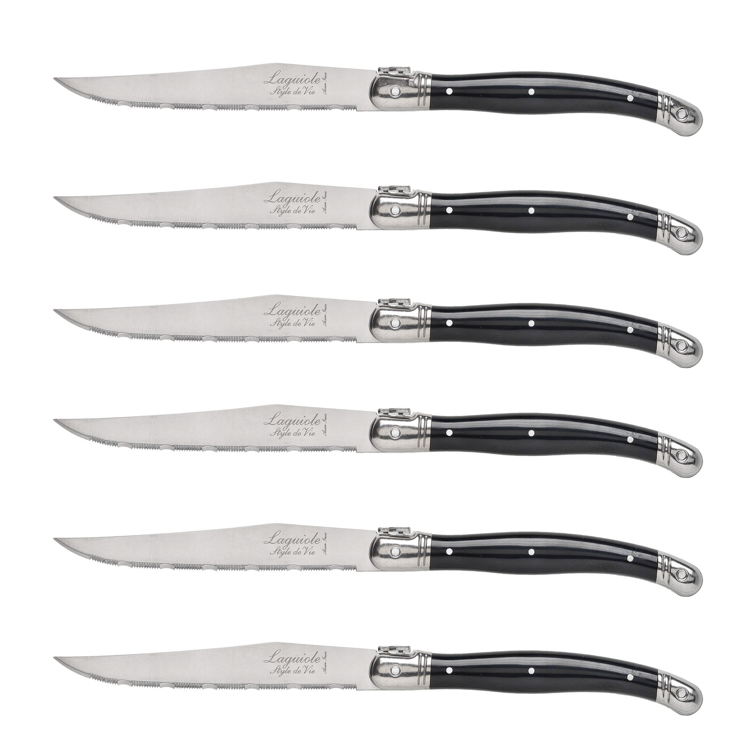 Nóż Laguiole do steków z stali nierdzewnej 6 sztuk w bloku drewnianym czarny