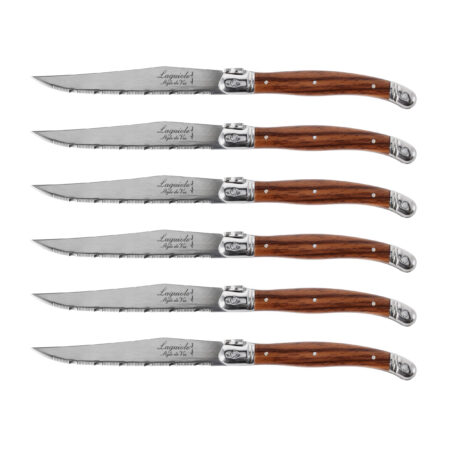 Nóż Laguiole do steków z stali nierdzewnej 6 sztuk w bloku drewnianym brązowy