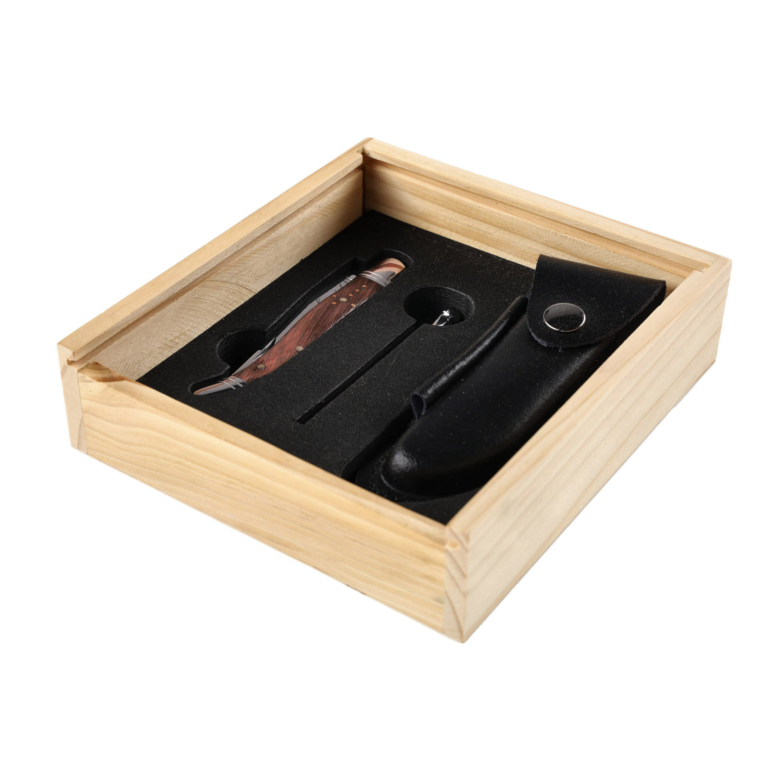 Nóż kieszonkowy Laguiole z rękojeścią z drewna różanego, z czarną pochewką i ostrzałką - obrazek 7