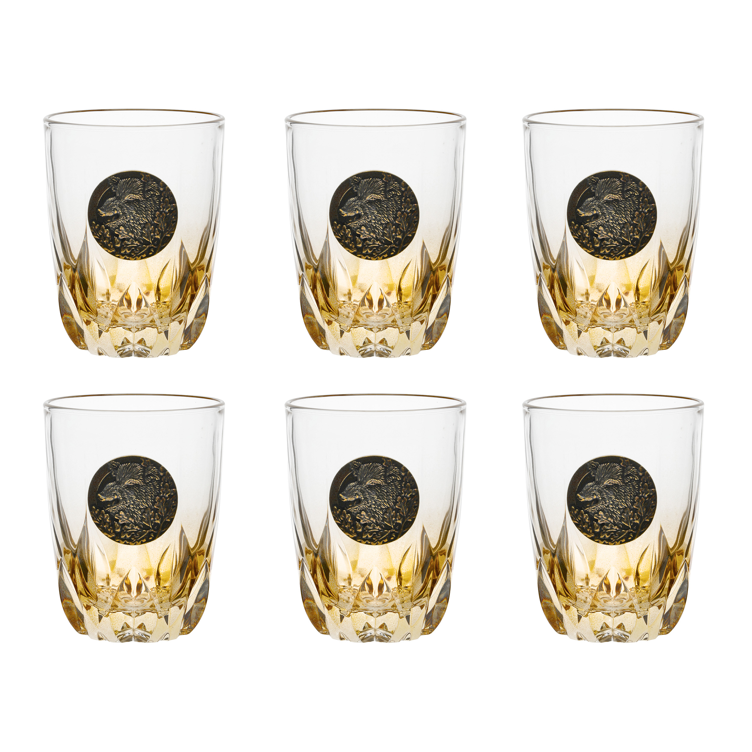 Szklanki do whisky Golden Fox Fire Amber Dzik zdobione odlewanym elementem, bursztynowy natrysk 6 szt.