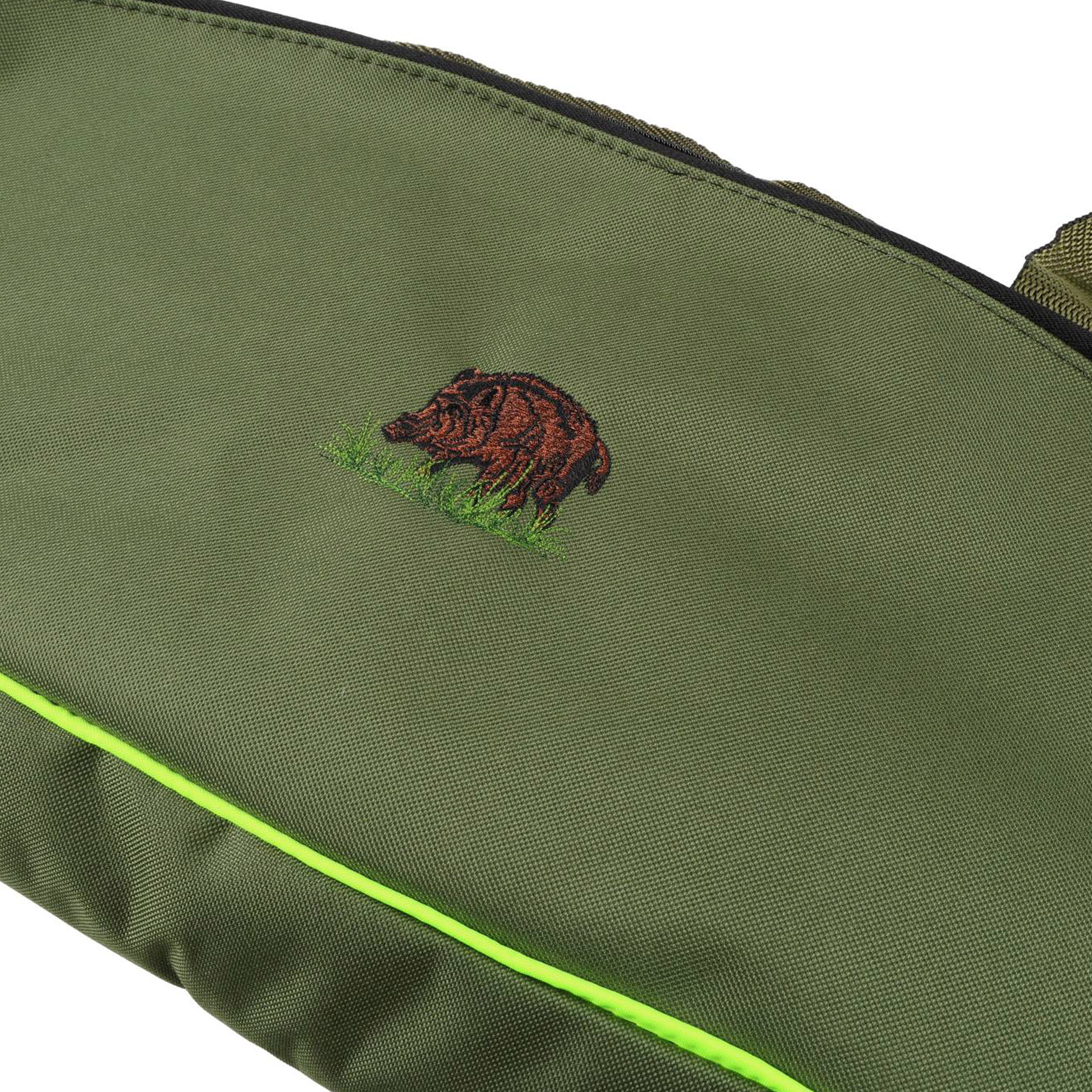 Pokrowiec na broń LPDK 19 1,25m, kolor oliwkowy haft dzik stoi w trawie, biza seledynowa - obrazek 5